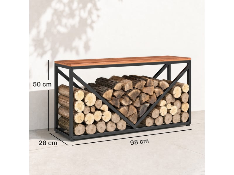 Porte-bûches intérieur 2 en 1 avec tablette, métal thermolaqué, 98 x 28 x 50 cm, charge 50 kg - Conforama E