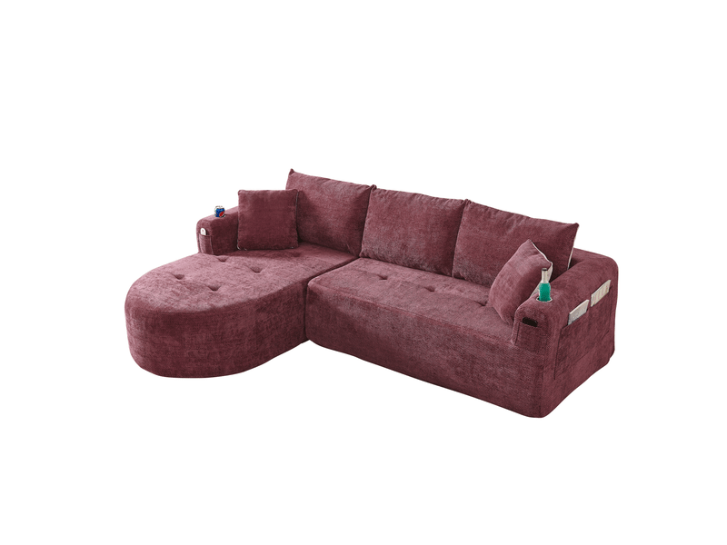 Canapé d'angle fixe en l 3 places 255 x 170 cm – rouge bordeaux – porte-gobelets et rangements intégrés - Conforama D