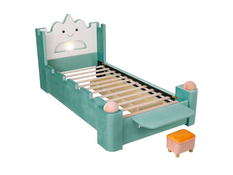  Lit simple enfant 90x200 cm en velours bleu-vert, tête nuage, led, port usb et tiroir coulissant  - Conforama A