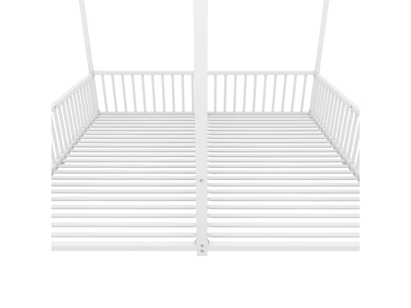  Lit canapé enfant 90x200 cm, cadre métal stable, forme maison, garde-corps et sommier, blanc, sans matelas  - Conforama R