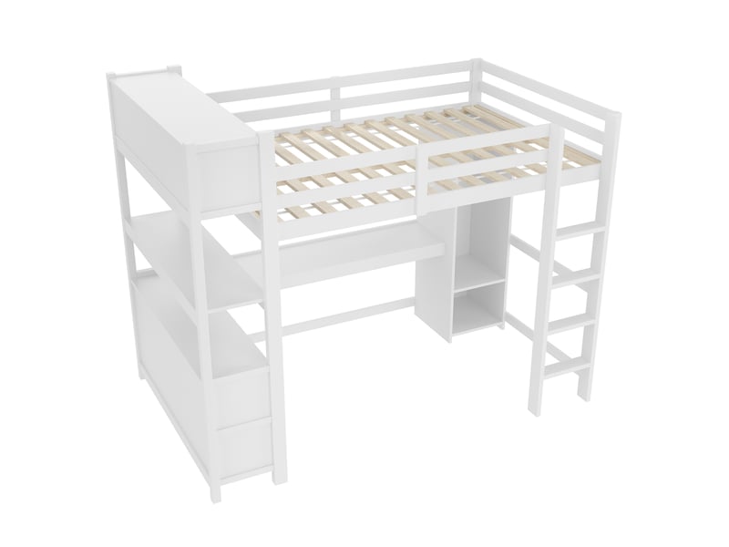  Lit mezzanine avec bureau, armoire, étagères et rangements, blanc, 140x200 cm  - Conforama E
