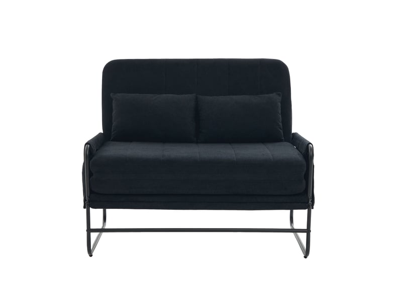 Canapé convertible 2 places avec poches latérales et coussin lombaire, structure métallique en chenille noire - Conforama A