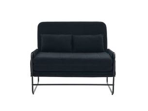 Canapé convertible 2 places avec poches latérales et coussin lombaire, structure métallique en chenille noire