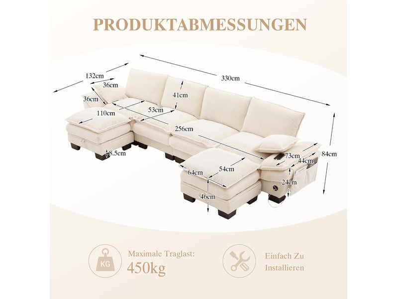 Canapé droit modulable 4 places en velours côtelé beige avec 2 poufs de rangement et port usb-c pour le salon - Conforama C