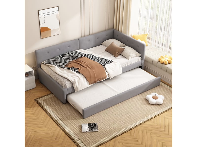  Lit de jour 90x200cm avec lit gigogne, canapé-lit, lit simple sans matelas, style minimaliste, gris  - Conforama E