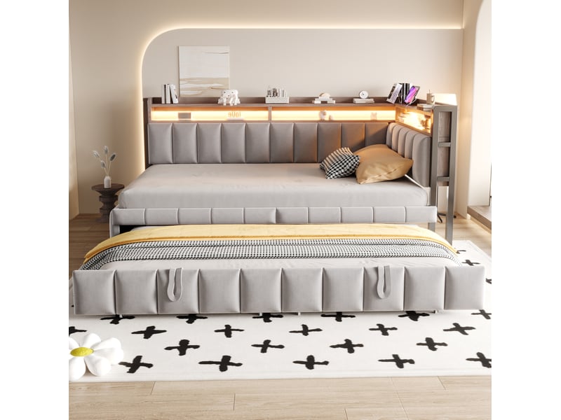  Lit gigogne 90 x 200 cm gris clair en velours, led réglable, rangements et ports usb et usb-c intégrés  - Conforama B