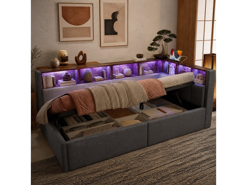  Lit banquette 90x200 cm gris en lin avec rangement, led et ports usbtype-c  - Conforama E