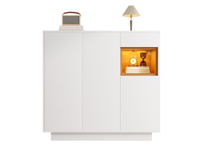  Meuble à chaussures 105x39,5x100,5 cm, meuble d'entrée avec led et tiroir, panneaux de particules, blanc et naturel  - Conforama A