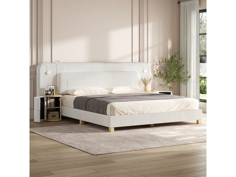  Lit double 140x200 cm, lit rembourré en velours côtelé beige, 2 tables de chevet intégrées, lampes led latérales, tête de lit rembourrée  - Conforama C