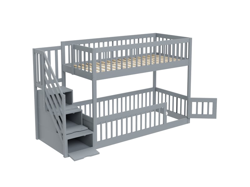 Lit superposé enfant 90x200 cm avec escalier de rangement, tiroirs, barrière de sécurité, porte ouvrante et sommier, gris - Conforama R