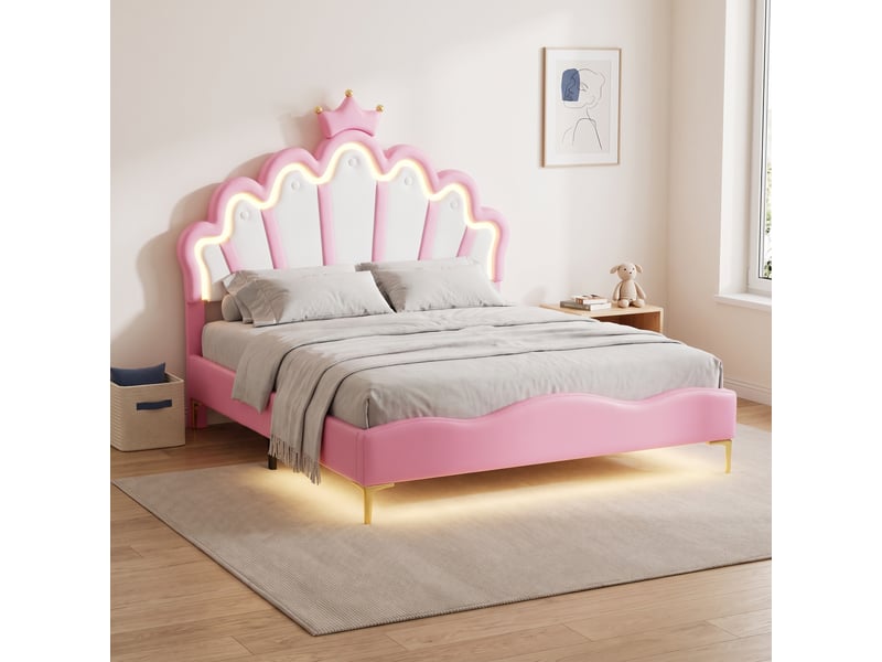  Lit simple 140x200 cm, lit capitonné enfant avec rgb led et tête de lit couronne réglable, lit capitonné avec sommier, rose  - Conforama D
