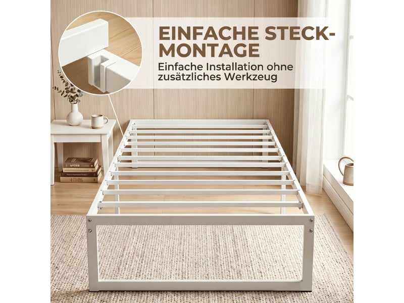  Lit simple 90x200 cm, lit enfant, sommier à lattes, rangement, métal blanc  - Conforama R