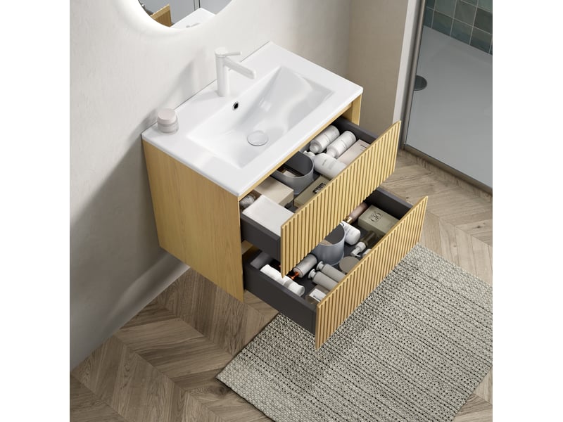 Meuble sous vasque suspendu avec 2 tiroirs et vasque en céramique, pour salle de bain, chêne doré et blanc, 61 cm - Conforama D
