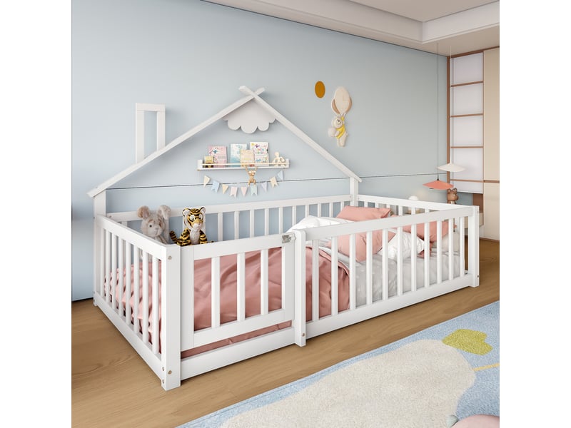  Lit simple plat, 90 x 190 cmt, barrière de sécurité, barrière avec verrou, bois de pin, blanc  - Conforama C