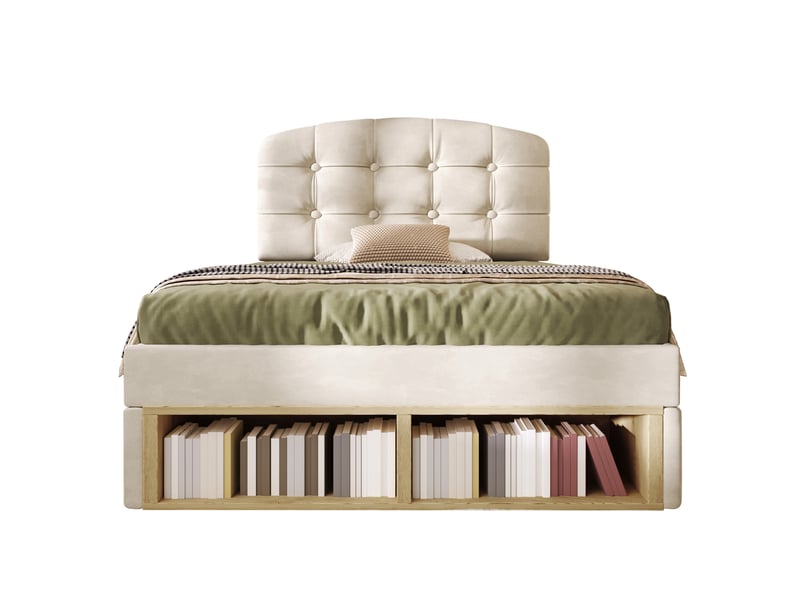  Lit simple pour enfant, avec tête de lit incurvée à hauteur réglable, tiroirs et espaces de rangement, en velours, beige - 90 x 200 cm  - Conforama A