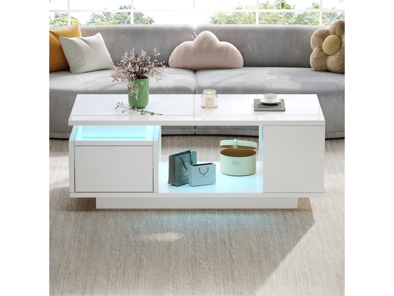  Table basse blanche brillante avec led app contrôle, table de salon 100x50x36 cm avec tiroir et rangements latéraux  - Conforama D