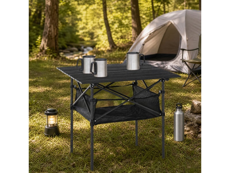  Table de camping pliante 70x70x69 cm – gris – plateau aluminium enroulable, filet et sac de transport  - Conforama B