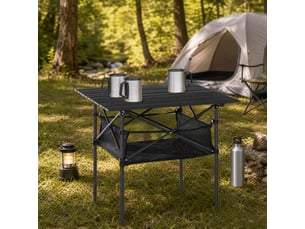 Table de camping pliante 70x70x69 cm – gris – plateau aluminium enroulable, filet et sac de transport