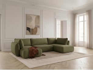Canapé d'angle gauche convertible <strong>BOBOCHIC</strong> <strong>ESMEE</strong> 5 places Tissu vert avec coffre de rangement