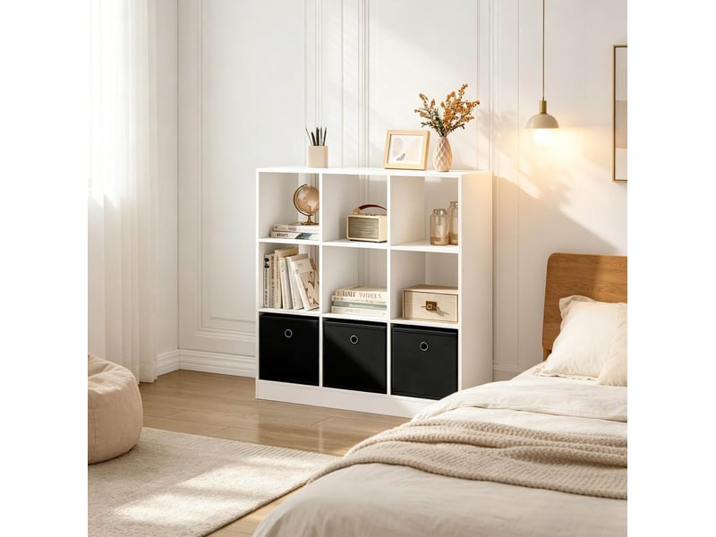 Bibliothèque 80x86,5x30 cm avec 3 tiroirs en tissu panneau de particules bicolore noir et blanc - Conforama B