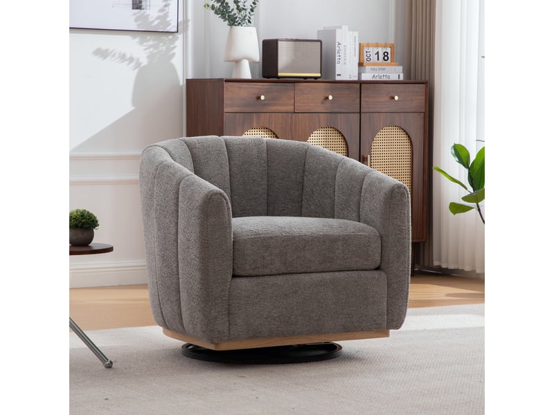  Fauteuil crapaud pivotant 360° 81x73x75.5cm – fauteuil tonneau design citrouille avec base en métal – tissu de chenille - gris  - Conforama B