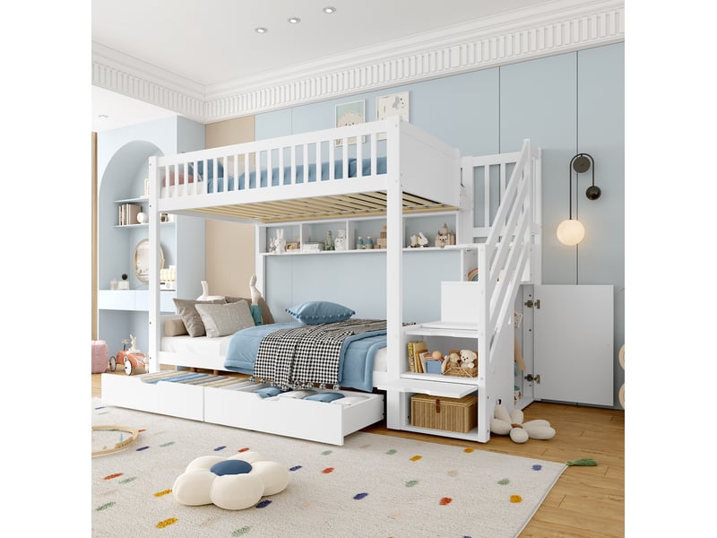  Lit superposé enfant 90x200 cm avec rangement et tiroirs, coloris blanc  - Conforama B