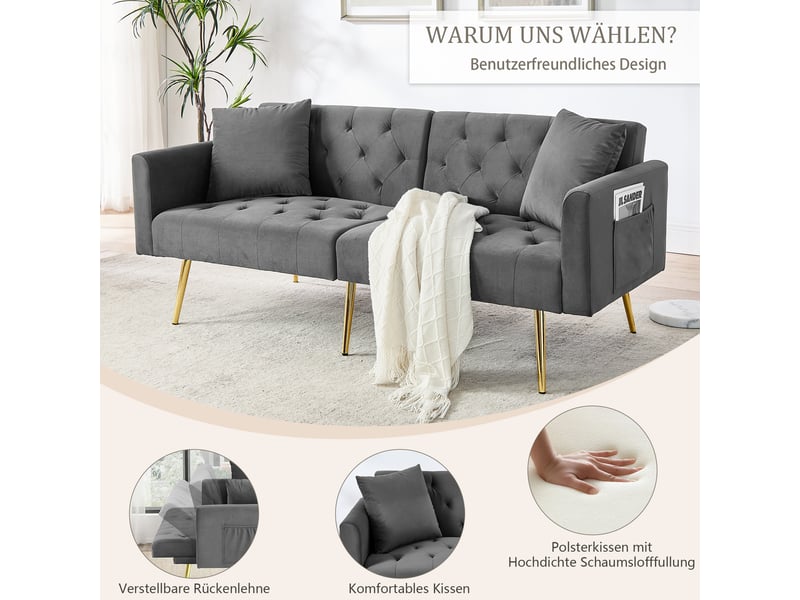 Canapé convertible 2 places inclinable - 3 positions, 2 coussins, pieds métal, velours - gris - Conforama E