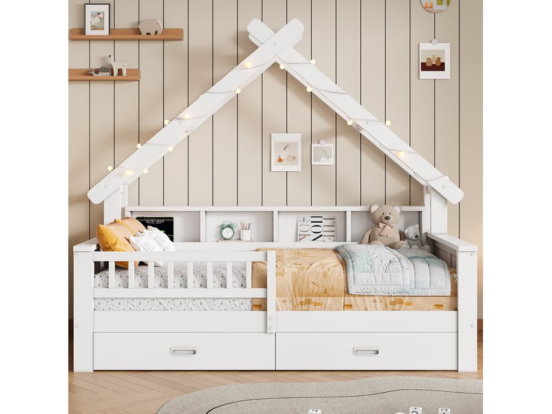  Lit cabane enfant 90x200 cm avec led, rangements et barrière de protection, blanc  - Conforama D