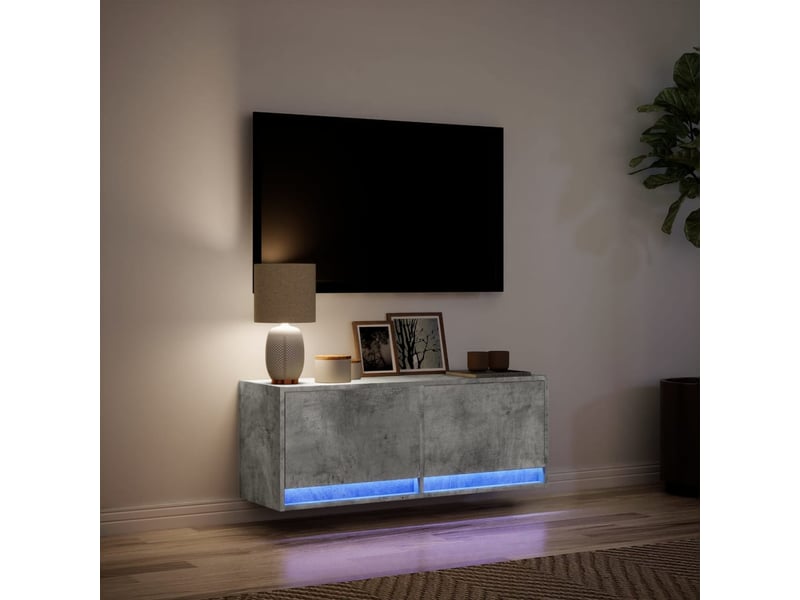  Meuble tv - banc tv - meuble de rangement mural avec lumières led gris béton 100x31x35 cm  - Conforama E