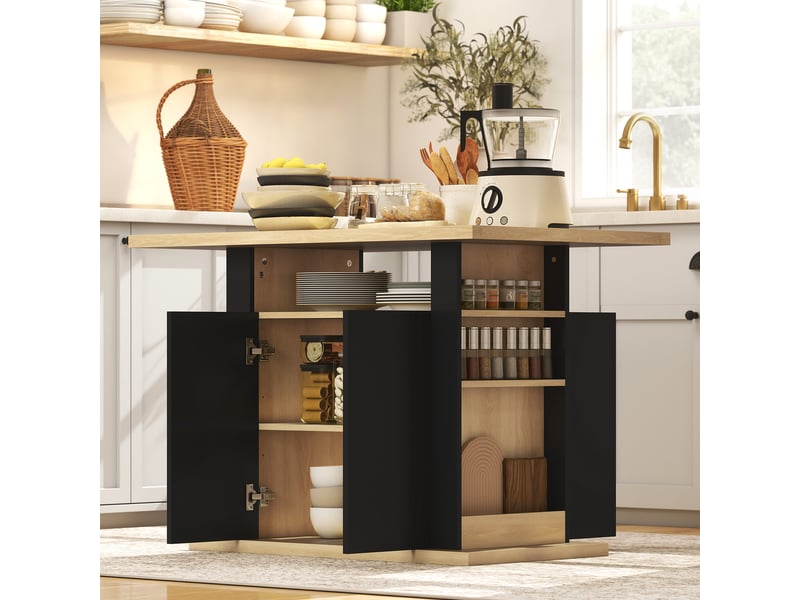  Table à manger ilot central cuisine avec grand plan de travail 4 personnes placard 4 portes noir 110 x 70 x 75,5 cm  - Conforama W