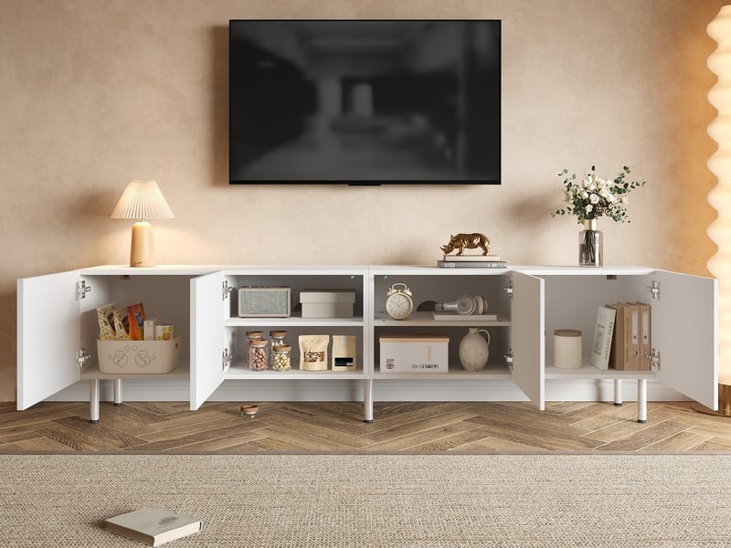 Meuble tv bas 170 cm, finition blanc, avec façades en relief - Conforama B
