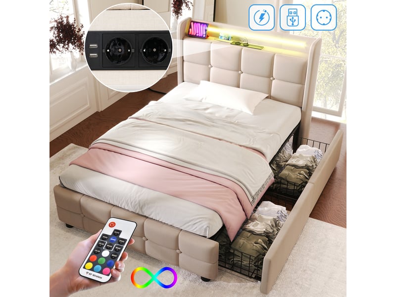 Lit simple coffre avec tête de lit usb, led, lin beige, 90x200 cm, 2 tiroirs, sommier inclus - Conforama E