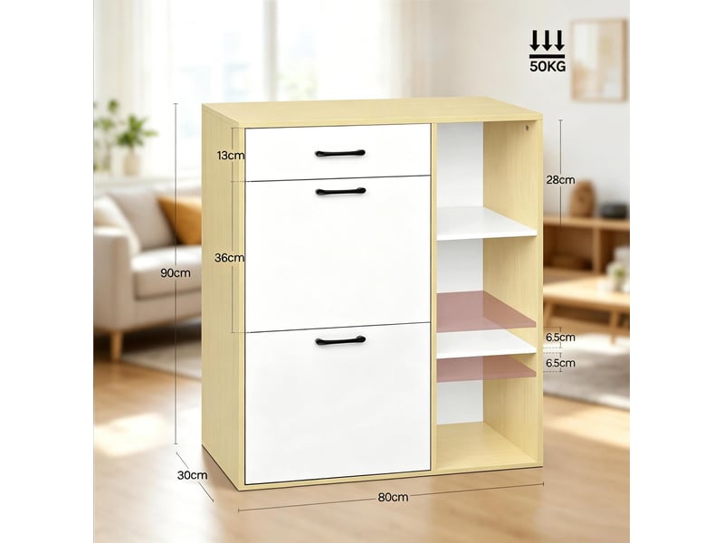 Meuble à chaussures blanc 80x90x30 cm avec 2 abattants et 1 tiroir - Conforama E