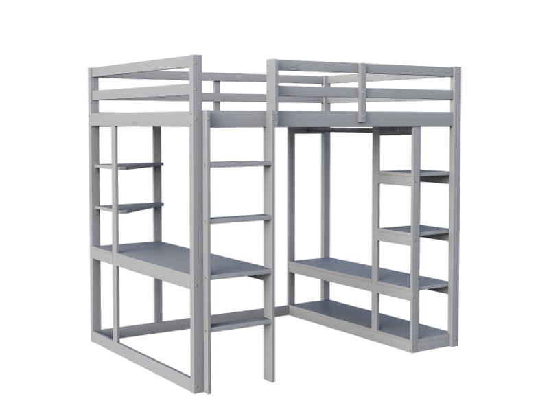  Lit mezzanine 140x200 cm, lit double avec échelle, table, étagères et cintres, en bois, gris, sans matelas  - Conforama E