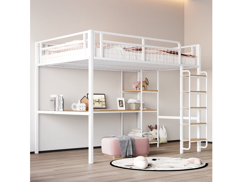  Lit mezzanine 140x200 cm avec bureau et étagères, métal blanc  - Conforama D
