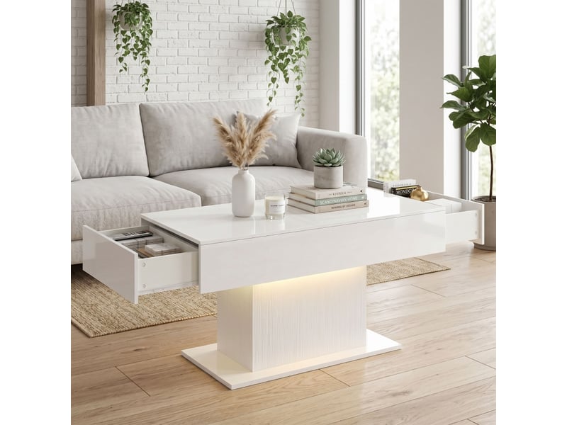  Table basse led blanche brillante - 2 tiroirs, télécommande, rangement - moderne  - Conforama E