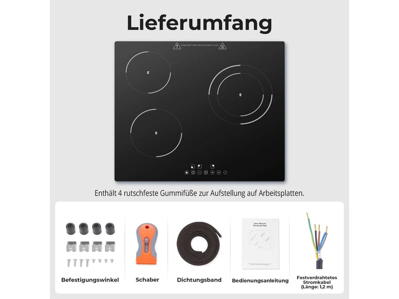 Plaque de cuisson vitrocéramique 3 foyers, 60 cm, 5200 w, commande tactile, 9 niveaux, minuteur et sécurité enfant - Conforama E
