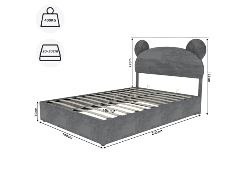  Lit coffre 140x200 cm, lit enfant avec tête de lit dessin animé, sans matelas, sans fond, gris  - Conforama C