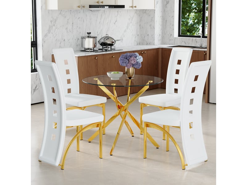  Ensemble table ronde et 4 chaises, plateau en verre trempé 88 cm, chaises blanches en similicuir, structure métallique dorée  - Conforama C