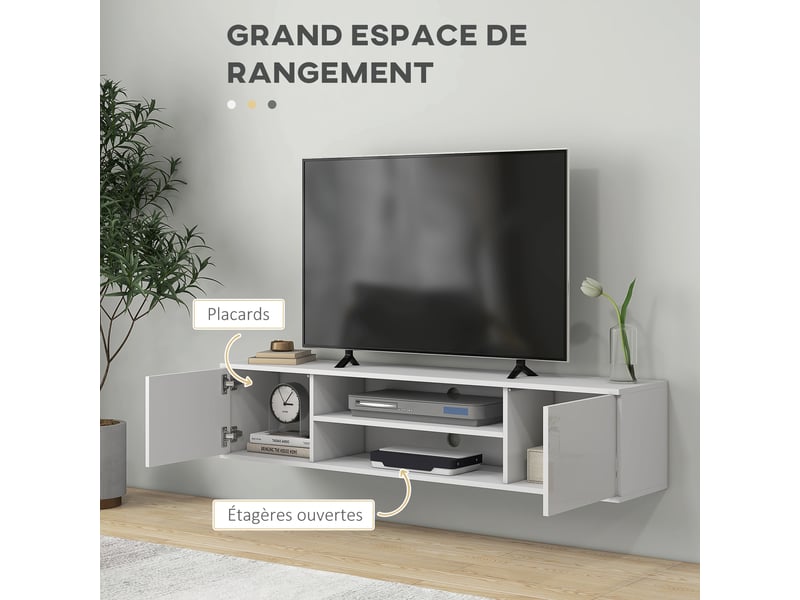 Meuble banc tv mural suspendu style contemporain 2 placards 2 niches centrales et 2 passe-câbles blanc 140 x 30 x 30 cm - Conforama E