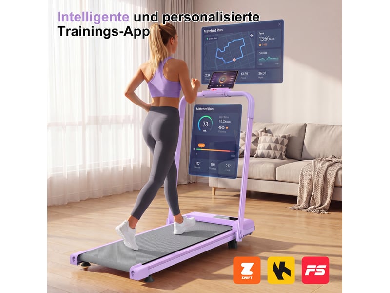  Tapis de course pliable 3 en 1 violet avec inclinaison réglable à 10 %, vitesse maximale 12 kmh, charge 120 kg  - Conforama B