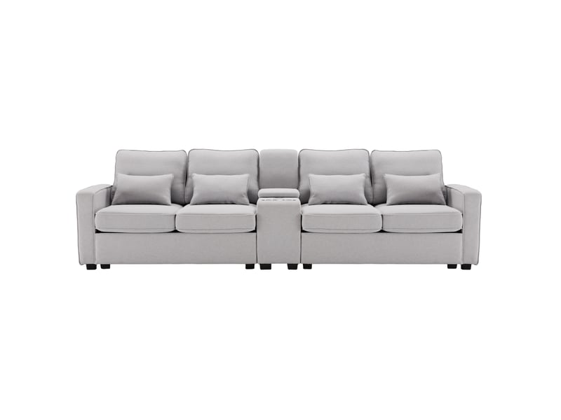  Canapé 4 places 290x83x88cm, poches de rangement, ports usb avec câbles, 2 portes-boissons et 4 coussins, lin gris  - Conforama A