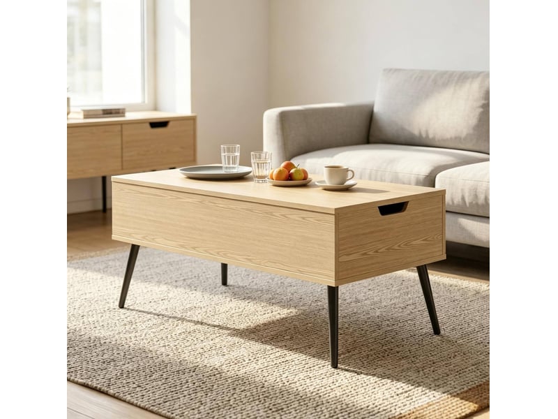  Table basse 100x50 cm à plateaux relevables avec rangements, effet bois naturel et noir  - Conforama C
