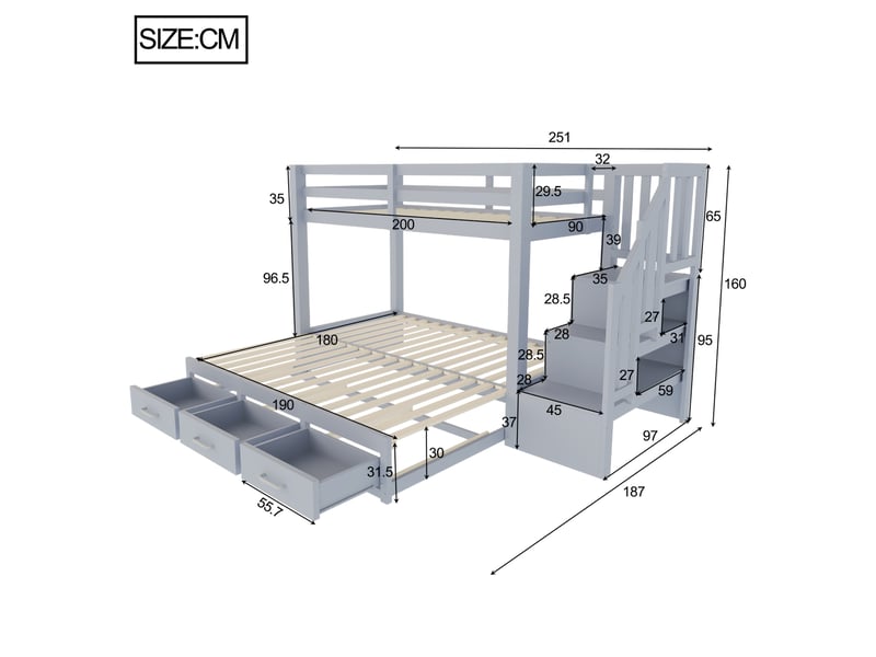  Lit superposé 90 x 200 cm gris, bois de pin, contreplaqué et mdf, avec lit escamotable et rangement  - Conforama C