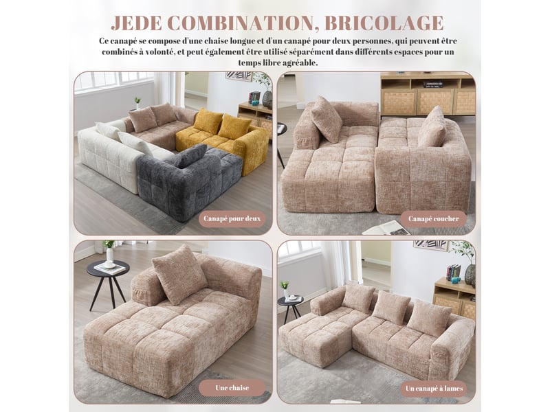  Canapé d'angle 3 places fixe en chenille kaki 250 x 158 x 60 cm, chaise longue réversible, 3 coussins, poches latérales W2845S00081 - Conforama D