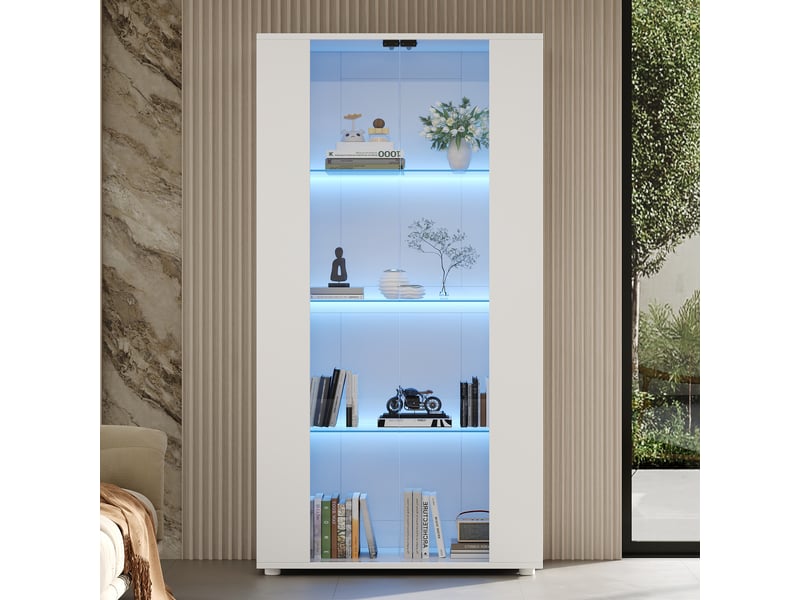  Vitrine de salon 80x36x150cm blanc - armoire d'affichage moderne avec 2 portes vitrées, 4 étagères et éclairage led réglable  - Conforama C