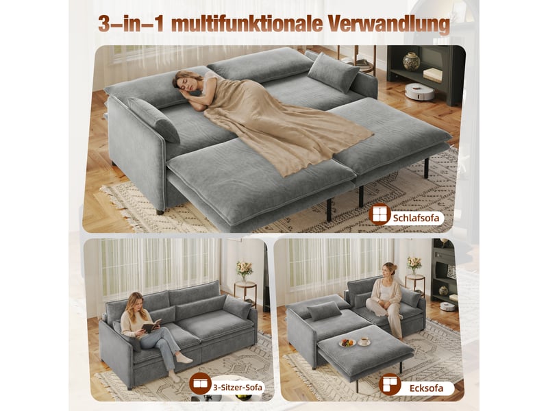 Canapé-lit convertible 3 en 1,206x91x86cm,canapé 3 places avec couchage extensible,coffre de rangement,tissu chenille,gris clair - Conforama D