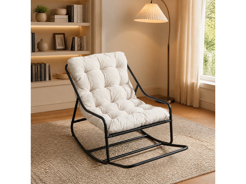  Fauteuil à bascule extérieur,116x75x82 cm,avec coussin épais,métal,noir et blanc  - Conforama B