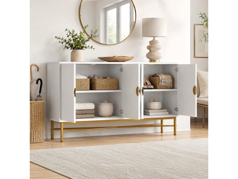  Buffet 4 portes blanc avec poignées dorées, 160 x 40 x 82 cm  - Conforama C