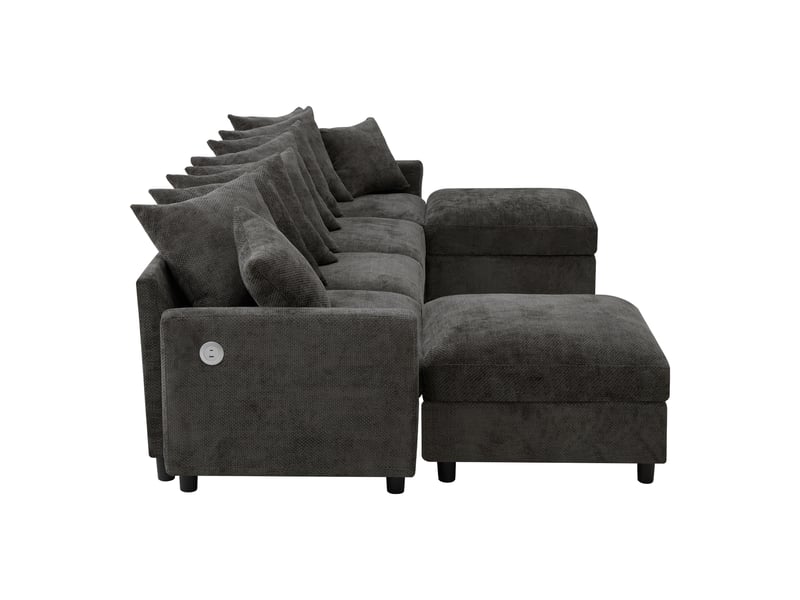 Canapé d'angle, canapé modulable, 6 places, en chenille, gris, repose-pieds, pour salon et séjour, usb - Conforama B